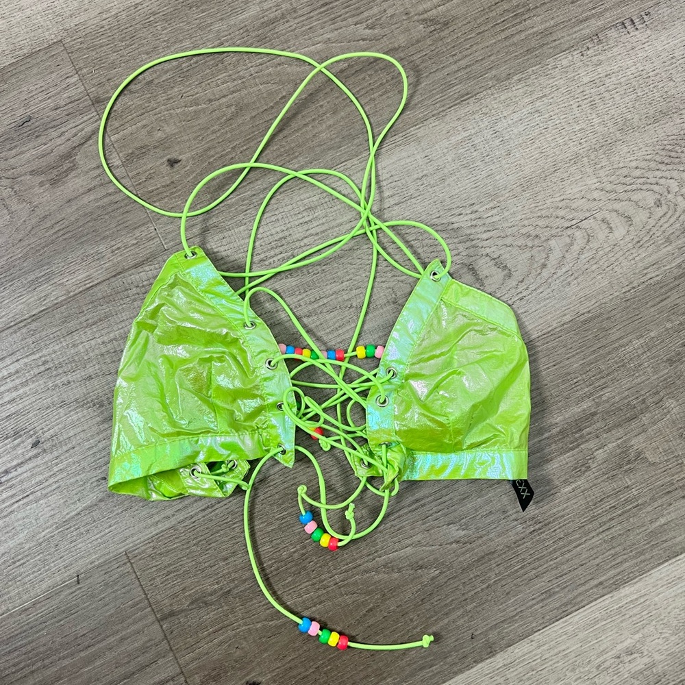 Club-exx Iridescent Vibrant Green Tie Beaded Top Sz S Festival Rave
